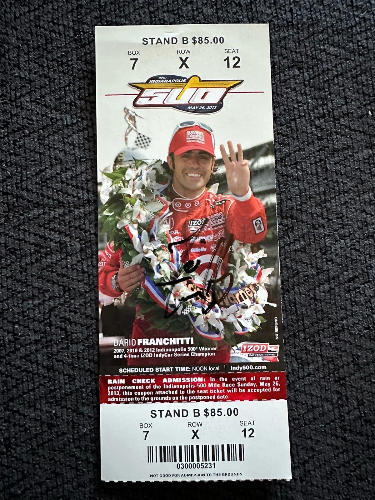 Dario Franchitti (2012 Winner) Signed Indianapolis Indy 500 Ticket 2013 Race