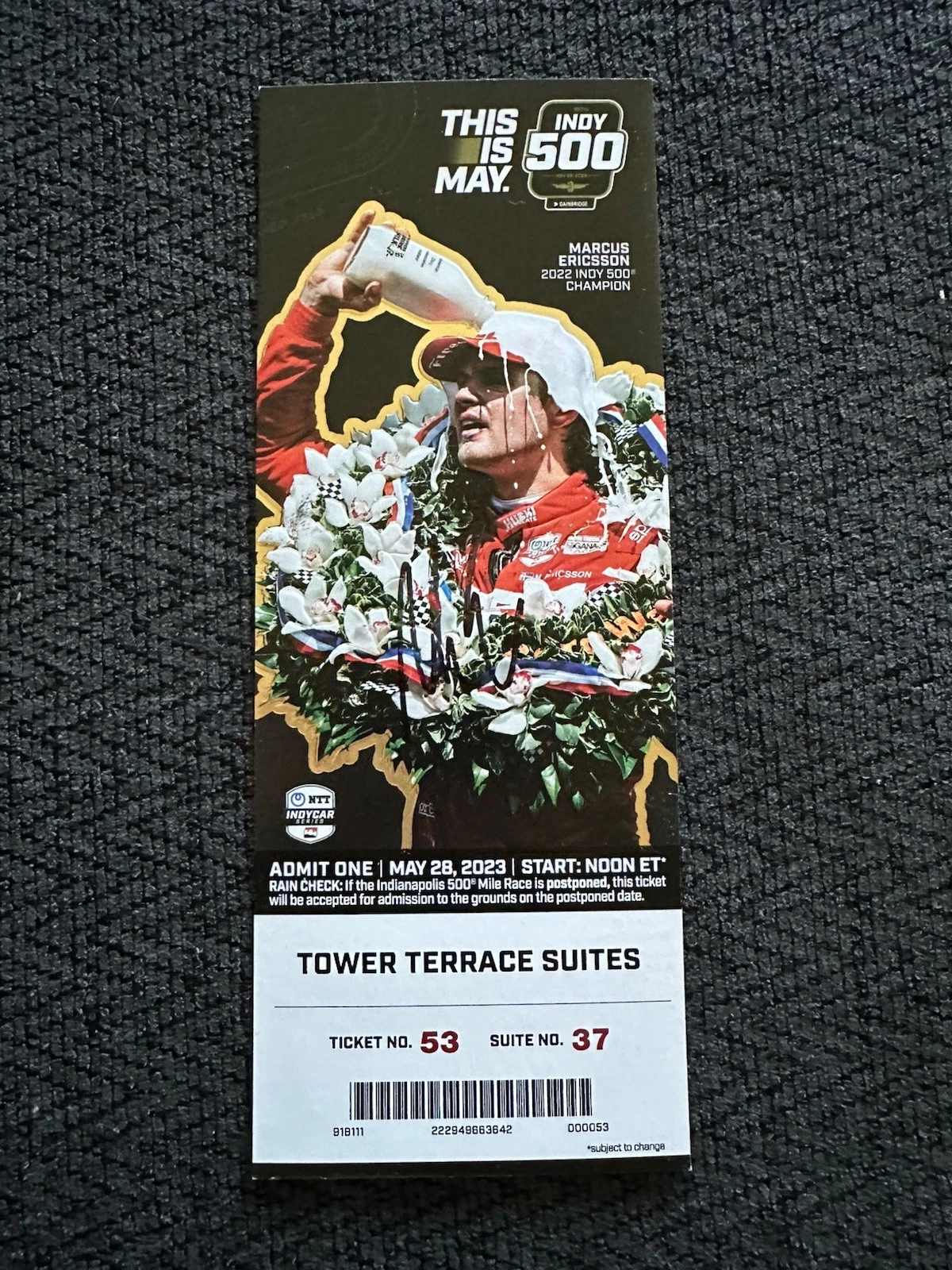 Marcus Ericsson (2022 Winner) Signed Indianapolis Indy 500 Ticket 2023 Race