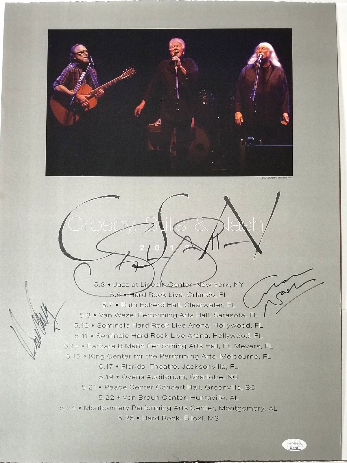 Crosby, Stills & Nash REAL hand SIGNED 2013 Tour Poster JSA LOA Autographed