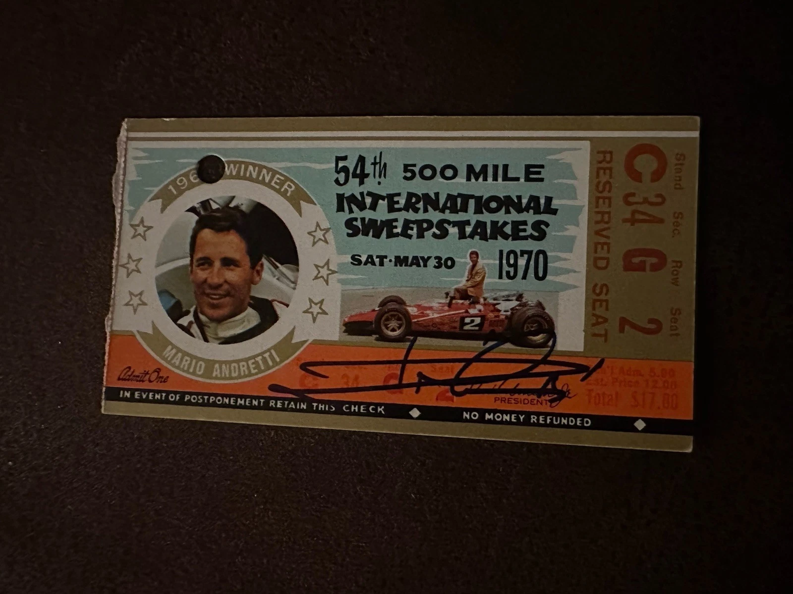 Mario Andretti (1969 Winner) Signed Indianapolis Indy 500 Ticket 1970 Race