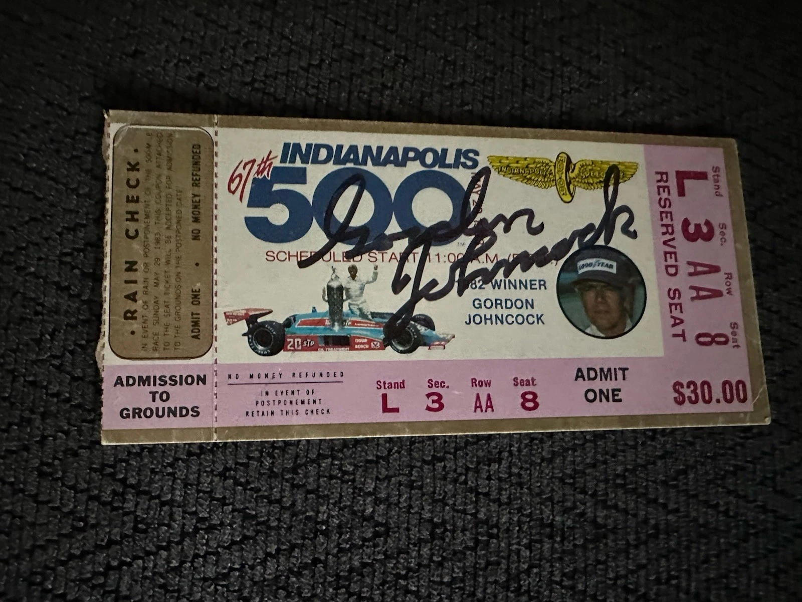 Gordon Johncock Signed 1983 Indianapolis Indy 500 Ticket (1982 Race Winner)