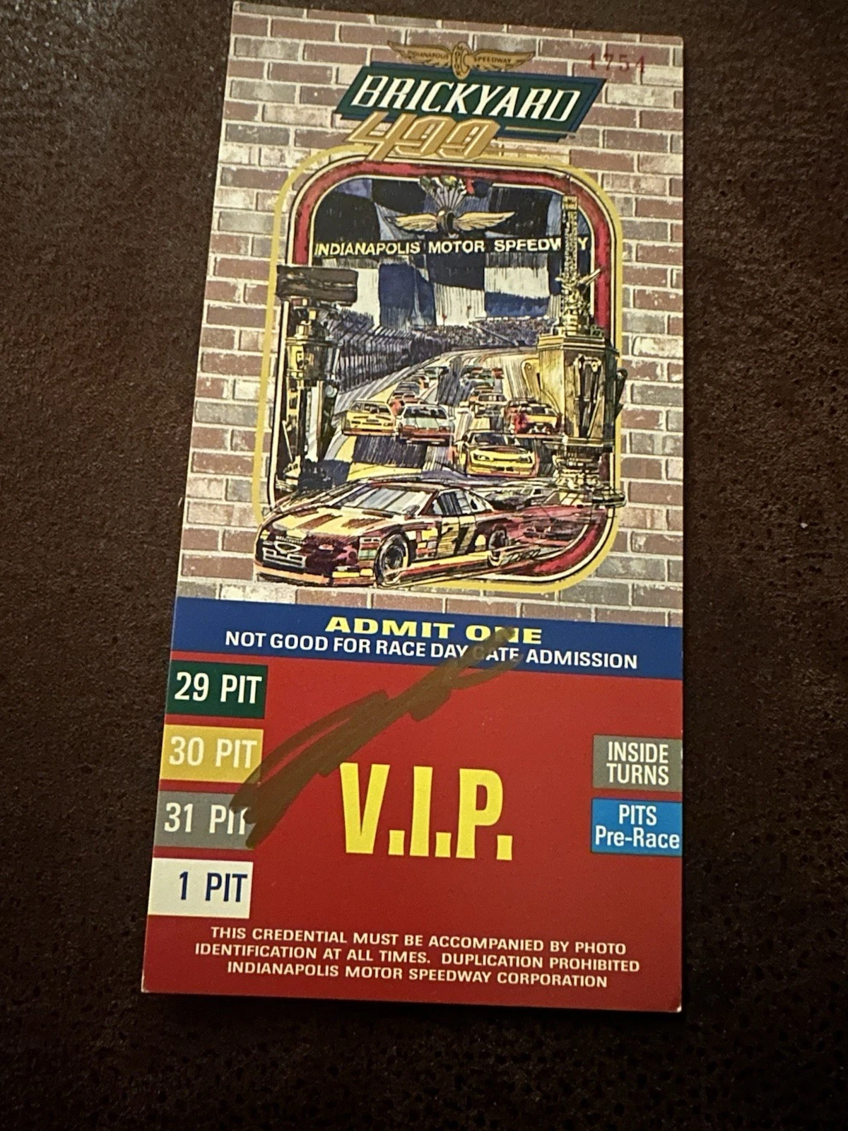 1998 Brickyard 400 Winner Jeff Gordon Ticket Stub Credential NASCAR Signed