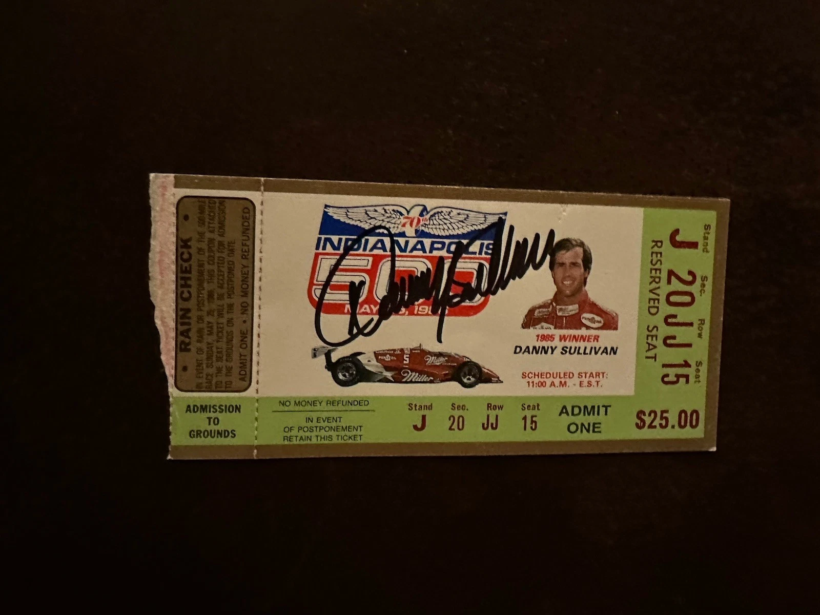 1986 INDY 500 DANNY SULLIVAN SIGNED TICKET STUB (1985 INDY RACE WINNER) COLLECTIBLE MEMORABILIA