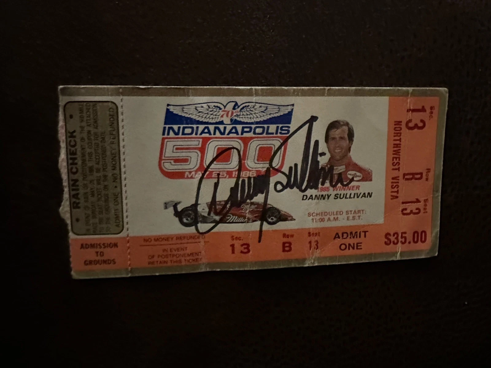 1986 Indy 500 Danny Sullivan Signed Ticket Stub (1985 Indy Race Winner) Damaged