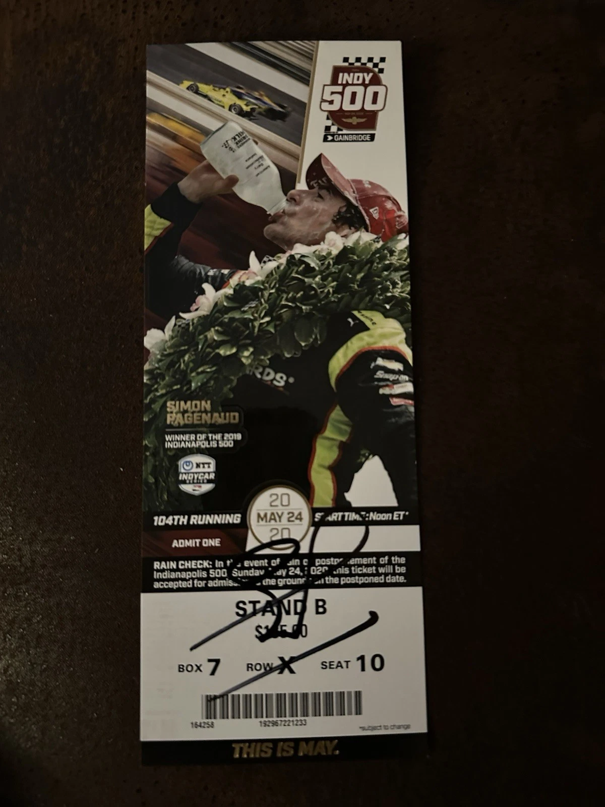 2020 Indy 500 Simon Pagenaud Signed Ticket (2019 Indy Winner) May Version