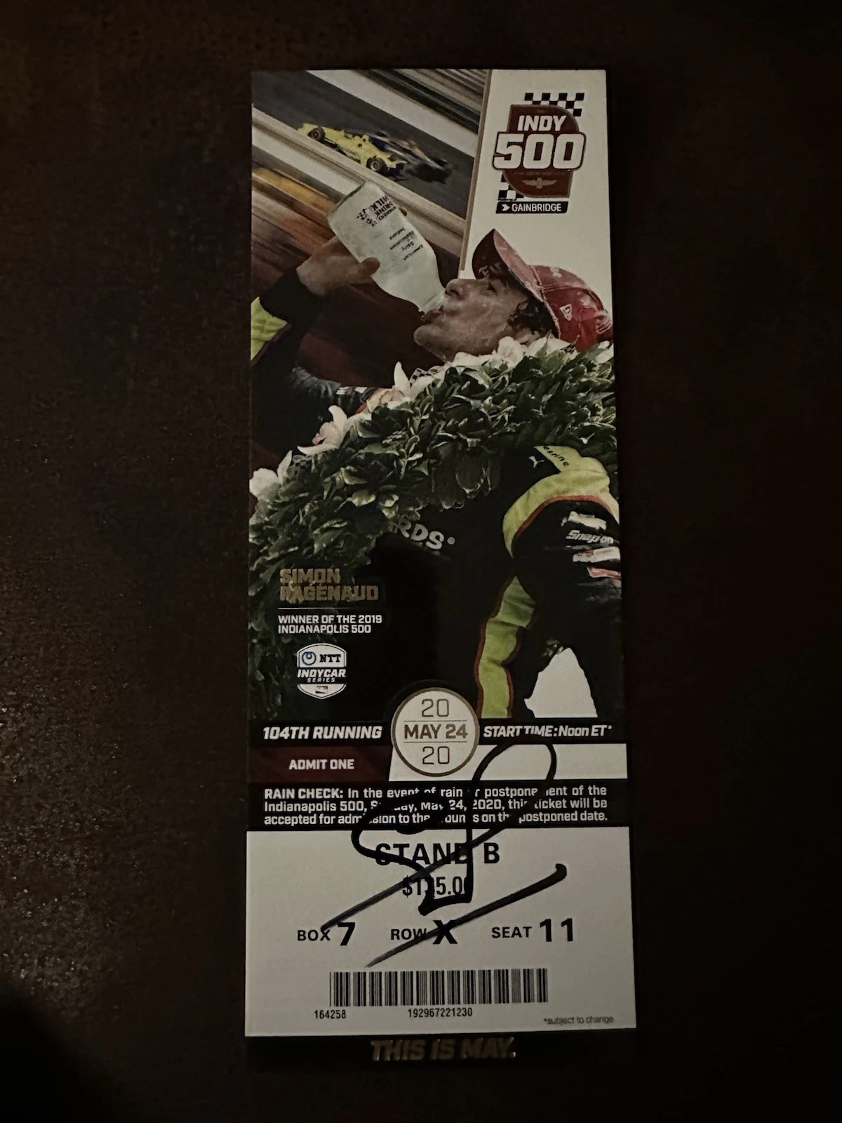 2020 Indy 500 Simon Pagenaud Signed Ticket (2019 Indy Winner) May Version