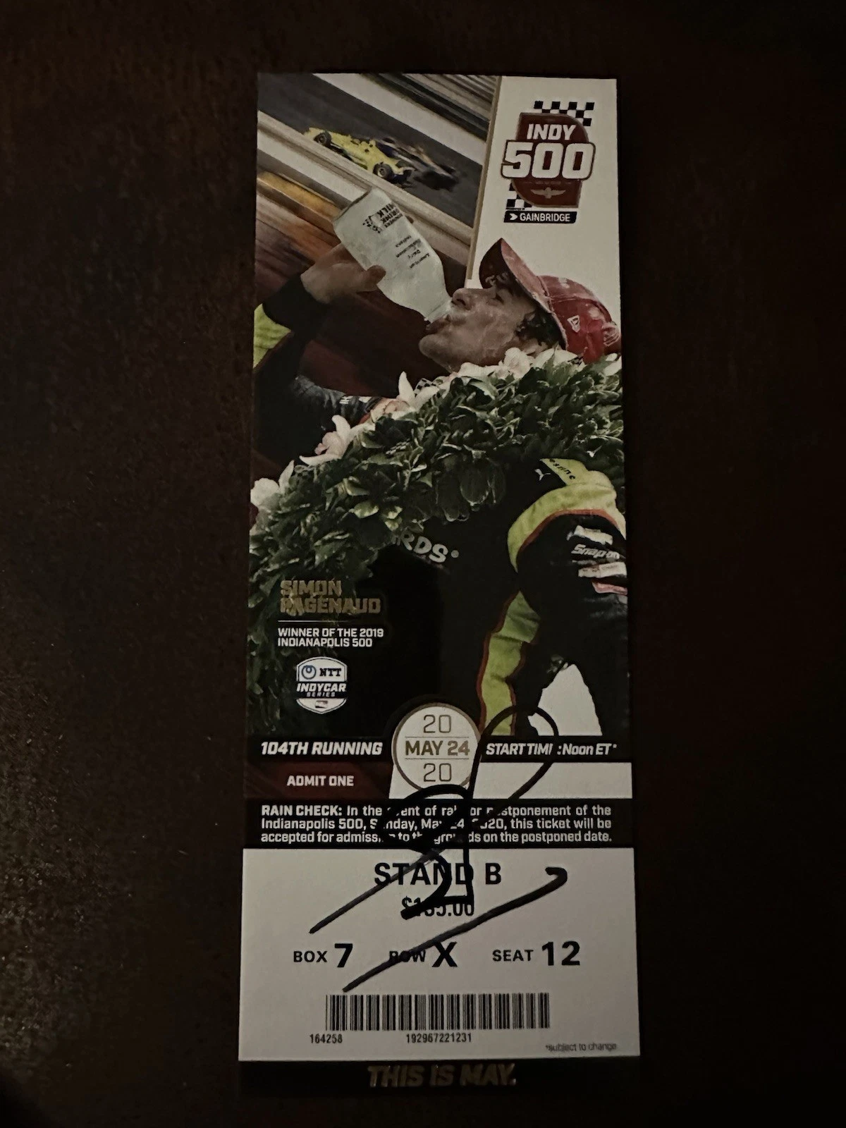 2020 Indy 500 Simon Pagenaud Signed Ticket (2019 Indy Winner) May Version