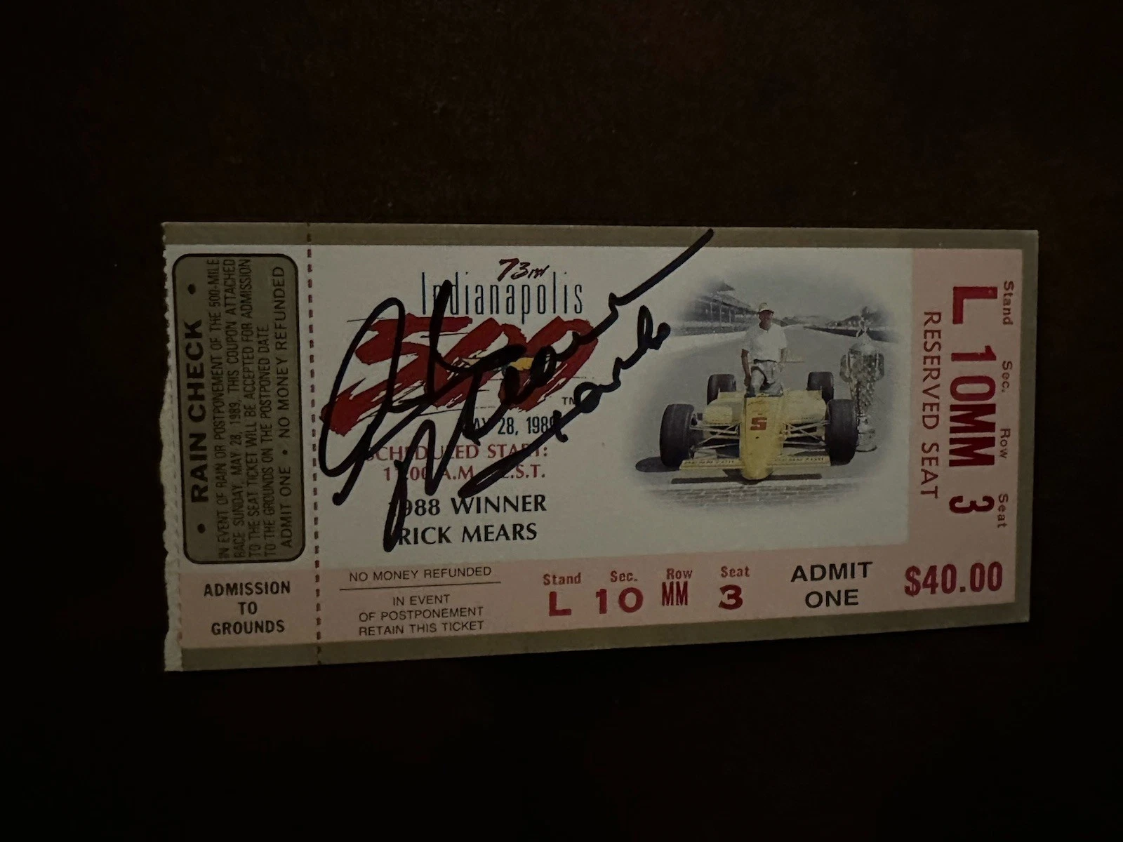 1989 Indy 500 Rick Mears Signed Ticket Stub (1988 Indy Race Winner) Auto