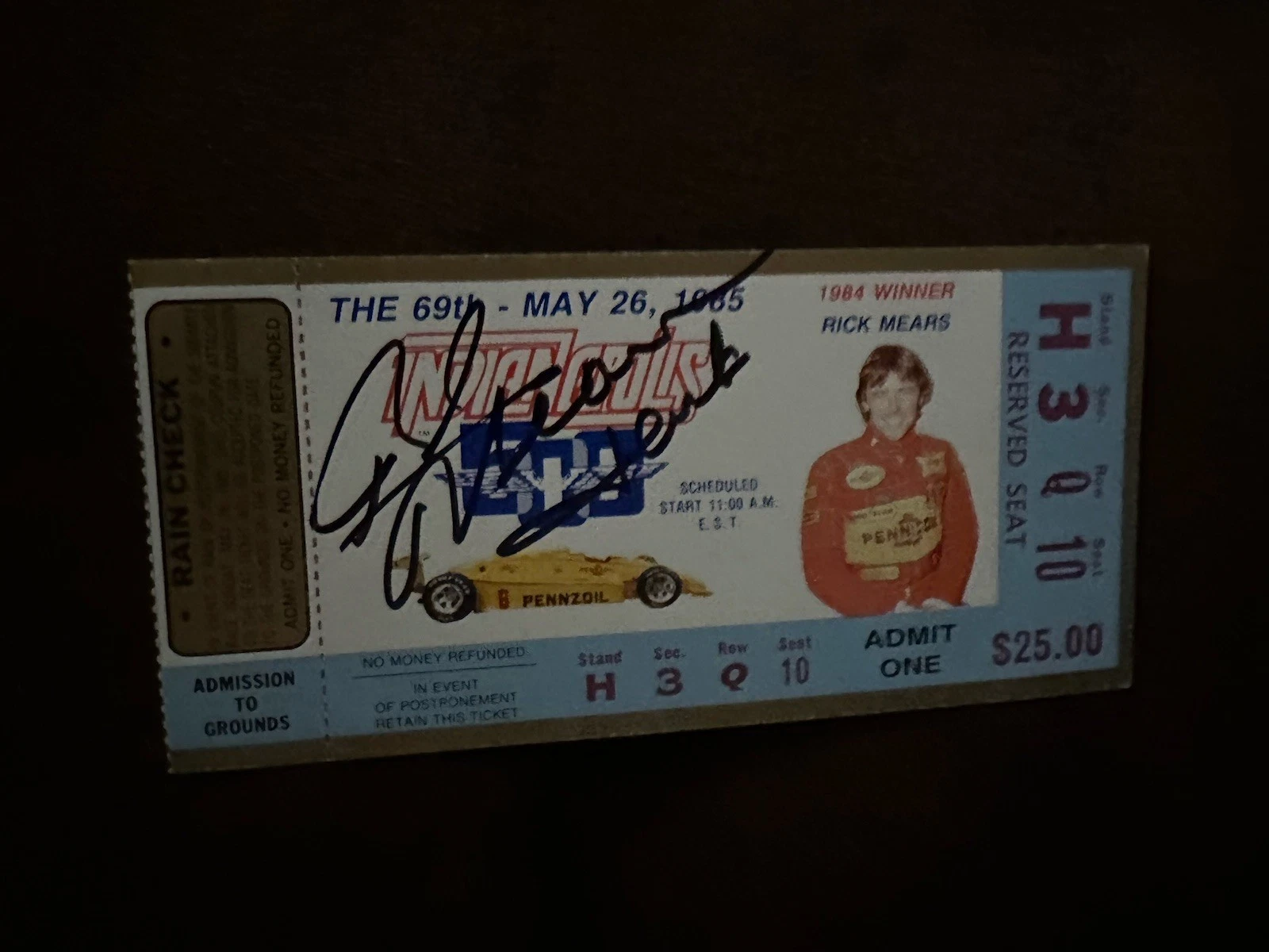 1985 Indy 500 Rick Mears Signed Ticket Stub (1984 Indy Race Winner) Auto