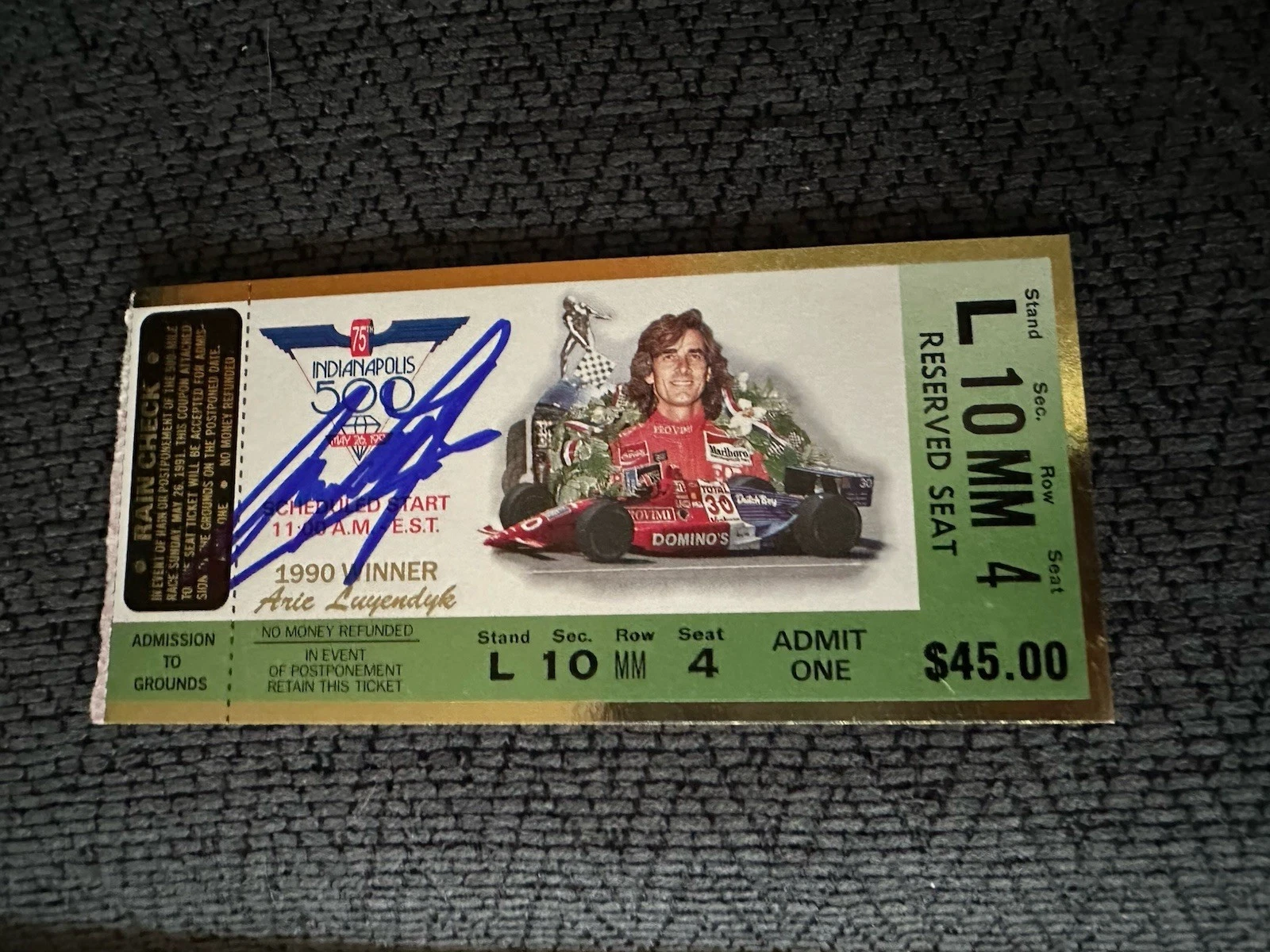 Arie Luyendyk (1990 Winner) Signed Indianapolis Indy 500 Ticket 1991 Race