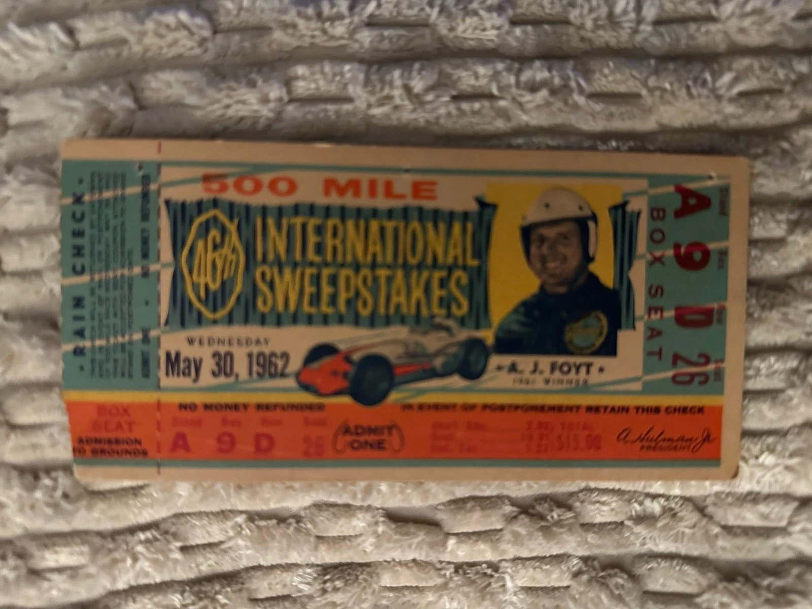 1962 Indy 500 AJ Foyt Ticket Stub (1961 Race Winner) Indianapolis Rodger Ward