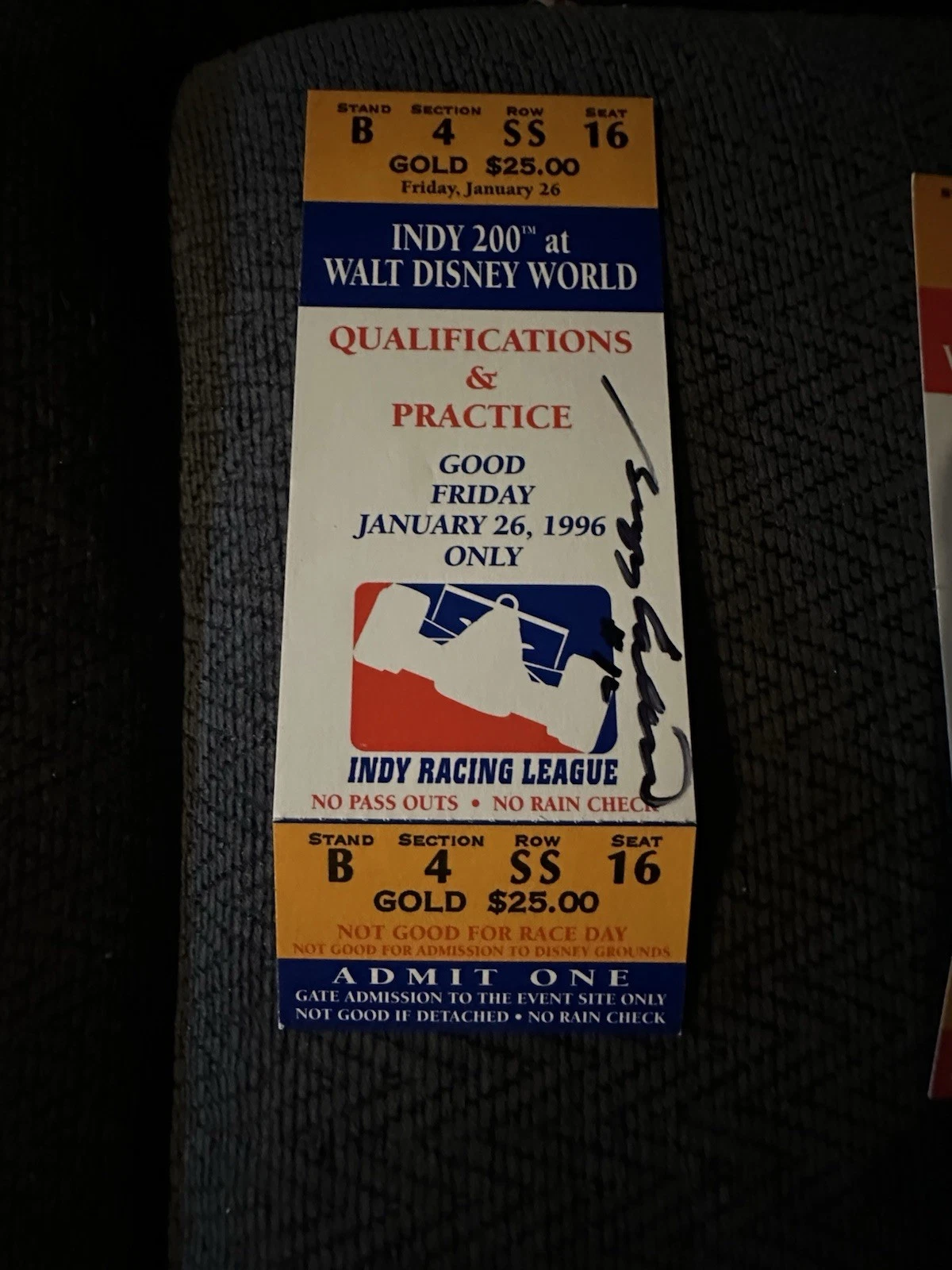 1996 Winner Buzz Caulking Signed Ticket Stub Indy Car Racing IRL Walt Disney 200