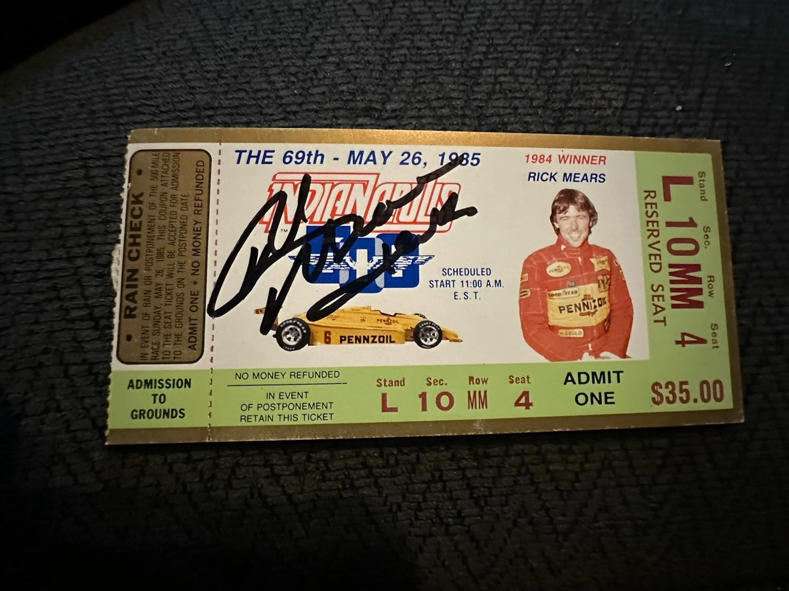 1985 INDY 500 RICK MEARS SIGNED TICKET STUB (1984 INDY RACE WINNER) AUTO COLLECTIBLE MEMORABILIA