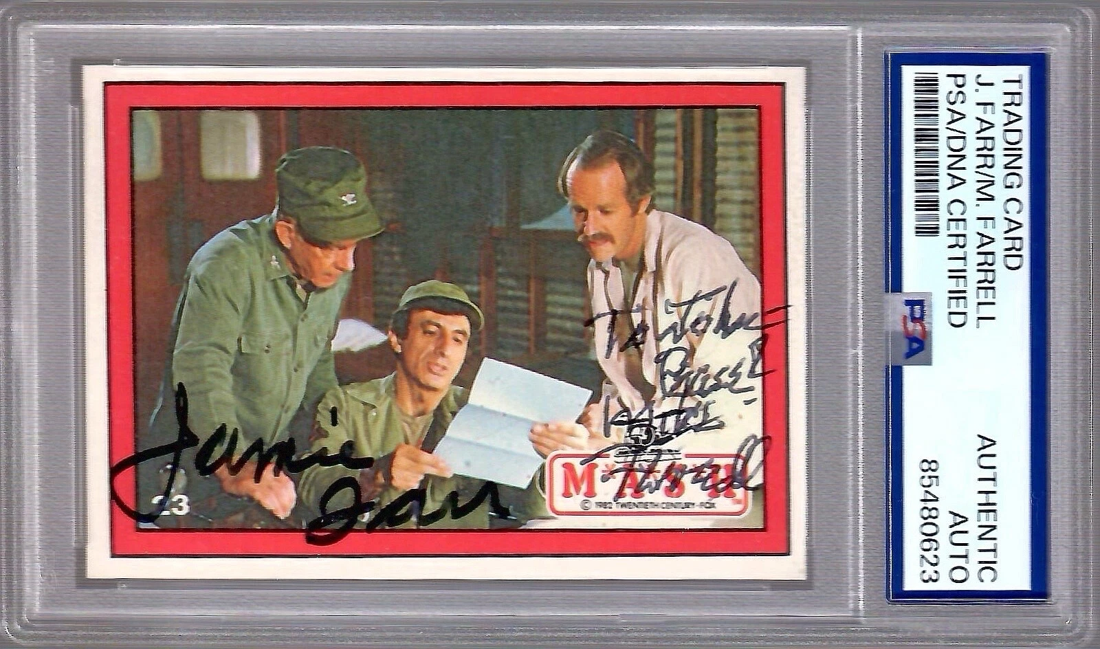 JAMIE FARR+FARRELL SIGNED 1982 DONRUSS MASH TRADING CARD   TO JOHN   PSA SLABBED