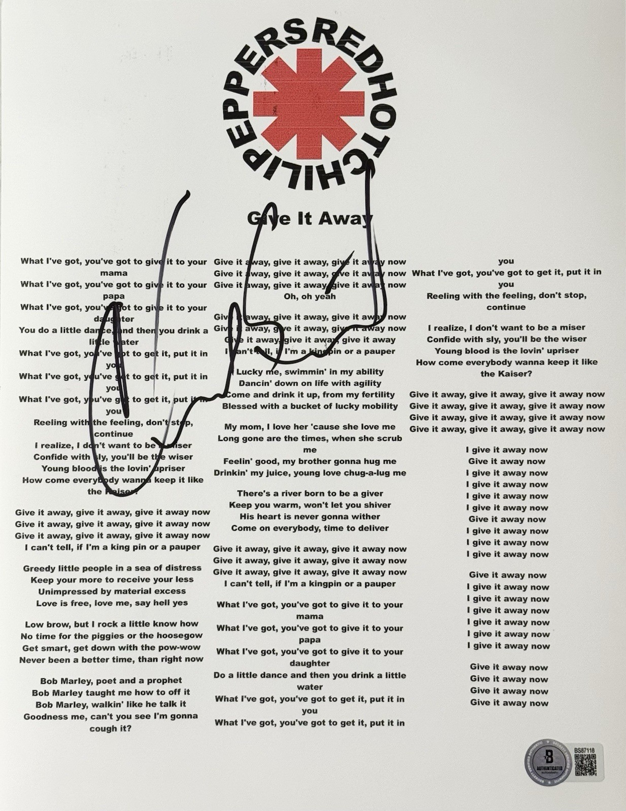 Chad Smith Signed Autographed Red Hot Chili Peppers Give It Away Lyric Sheet BAS