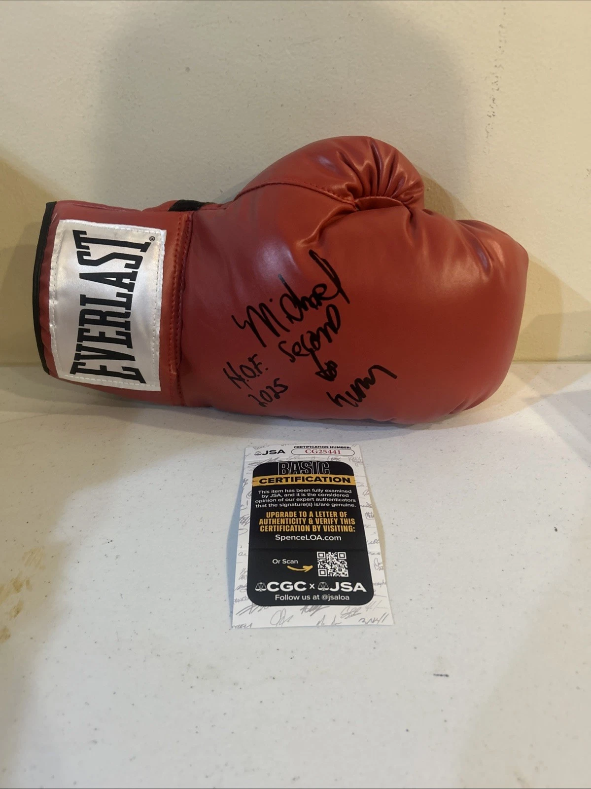 MICHAEL SECOND TO NUNN SIGNED AUTOGRAPH BOXING GLOVE JSA COA EVERLAST CHAMP HOF