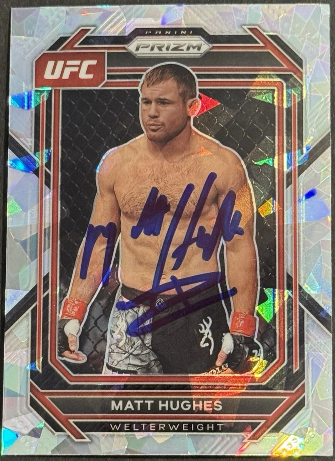 Matt Hughes Signed 2023 Panini Prizm Cracked Ice UFC Card BAS Beckett On Card