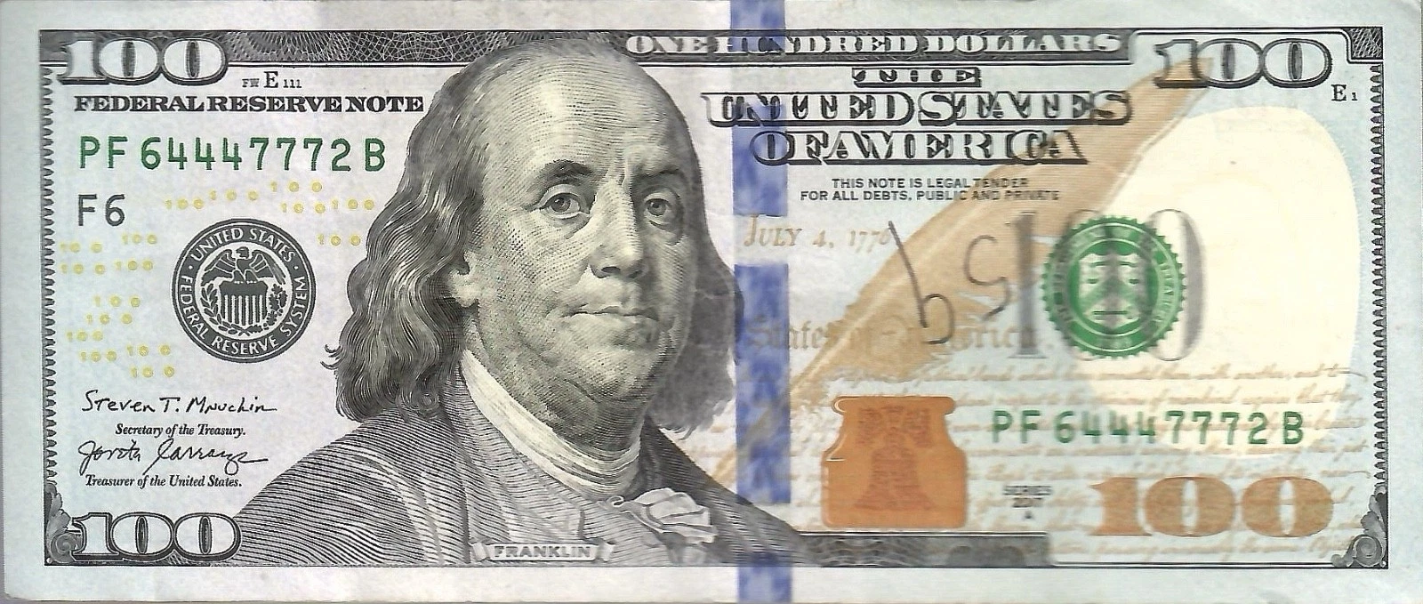 UNITED STATES $100 BILL DATED 2017        RARE TWO TRIPLES     SERIAL #64447772