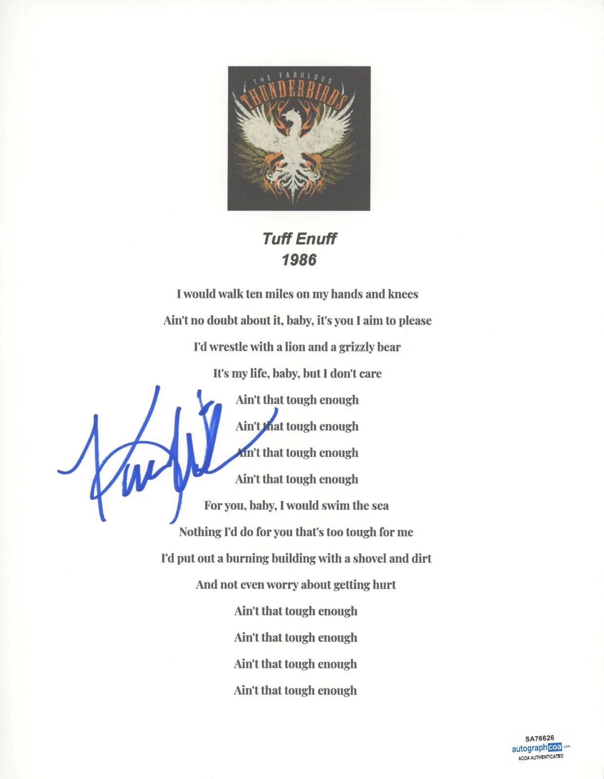 KIM WILSON FABULOUS THUNDERBIRDS SIGNED AUTOGRAPH TUFF ENUFF LYRIC SHEET ACOA