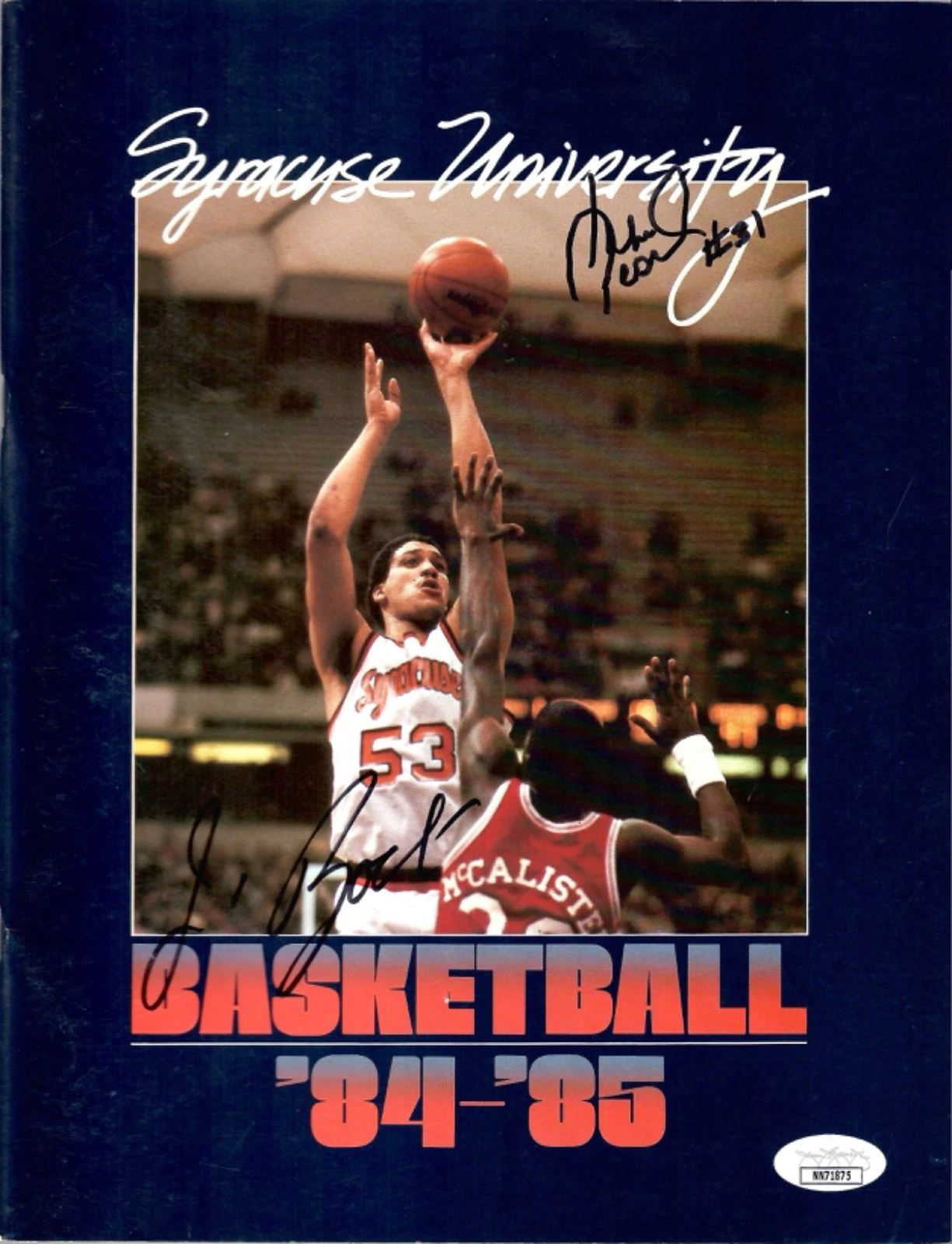 JIM BOEHEIM+PEARL WASHINGTON SIGNED 1984 SYRACUSE BASKETBALL MEDIA GUIDE     JSA