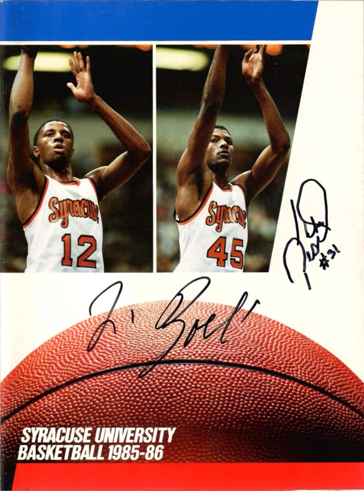 JIM BOEHEIM+PEARL WASHINGTON SIGNED 1985 SYRACUSE BASKETBALL MEDIA GUIDE     JSA