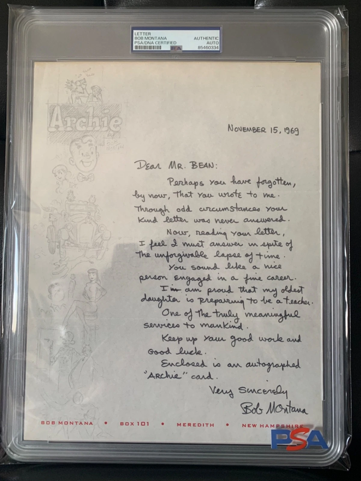 BOB MONTANA HAND SIGNED LETTER FROM 1969        ARCHIE CREATOR       PSA SLABBED COLLECTIBLE MEMORABILIA