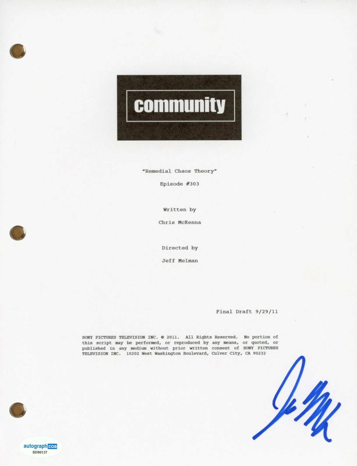 Joel McHale “Community” Signed Autograph “Remedial Chaos Theory” TV Script ACOA