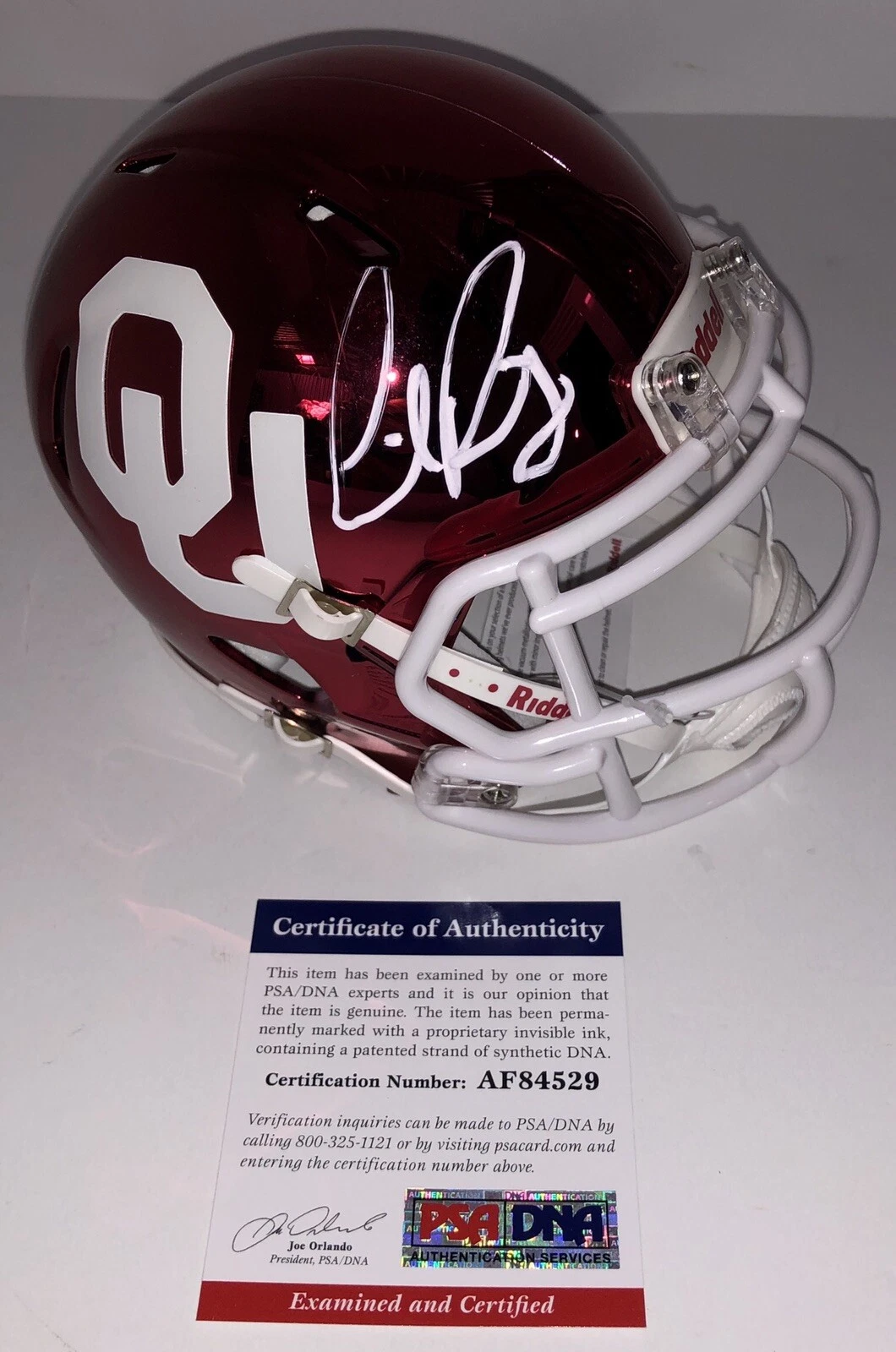 Lincoln Riley Signed Oklahoma Sooners Chrome Mini Helmet Bring The Wood Psa/Dna