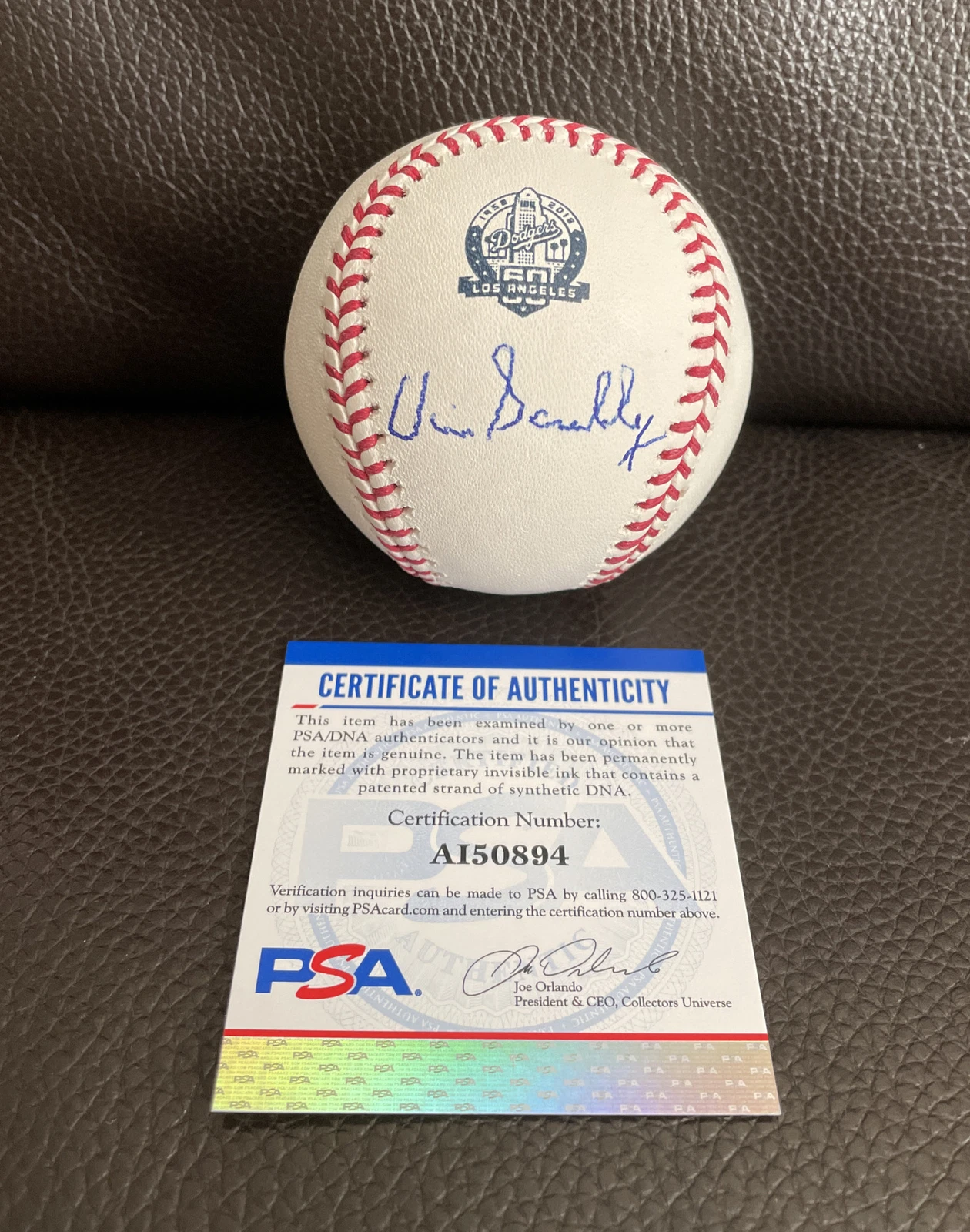 Vin Scully Signed Official Dodgers 60th Anniversary Logo Baseball Psa/Dna Coa