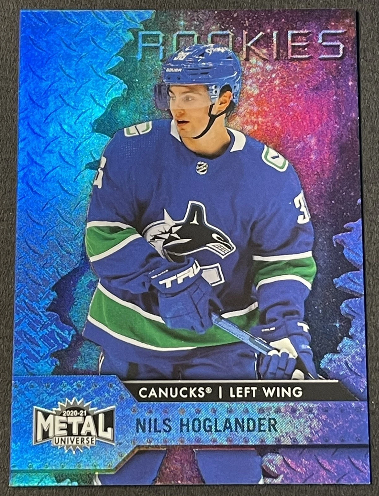 Nils Hoglander 2020-21 Skybox Metal Universe NHL Blue Parallel Rookie Card #142