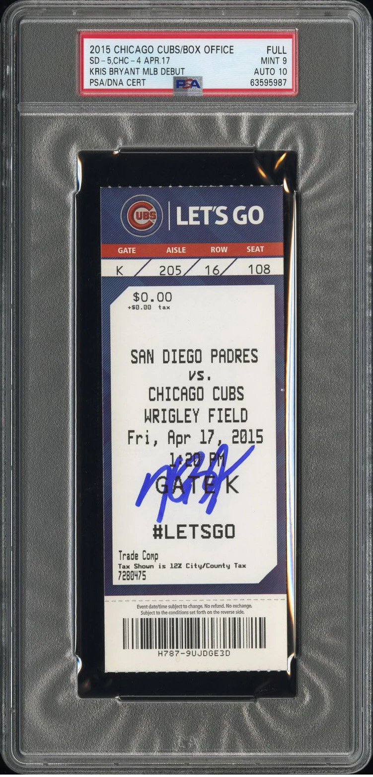 Kris Bryant Signed MLB DEBUT Full Ticket Stub Psa/Dna Slab MINT 9/GEM MT 10 AUTO