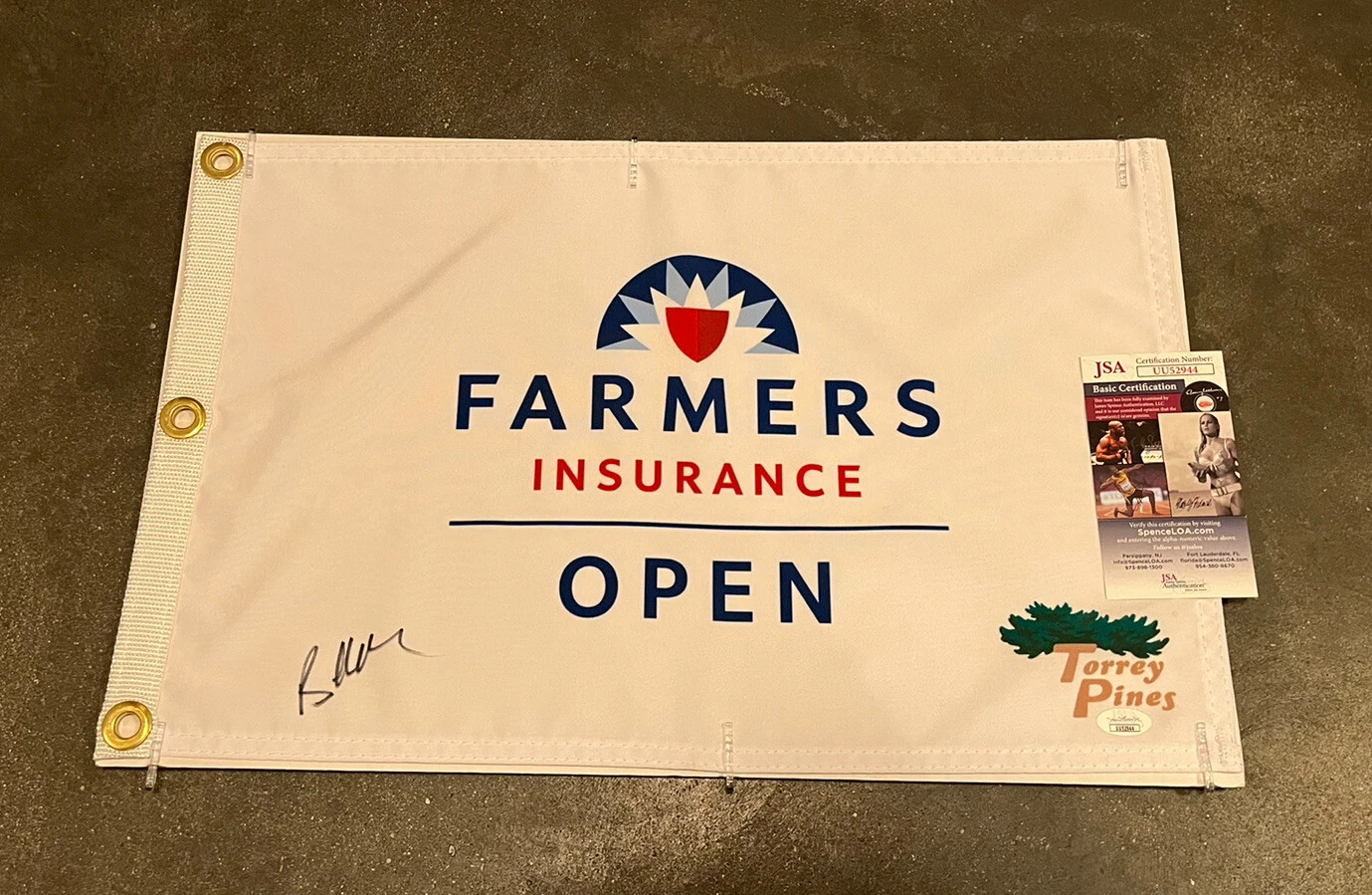 BROOKS KOEPKA SIGNED AUTHENTIC 2022 FARMERS INSURANCE OPEN PIN FLAG + JSA COA COLLECTIBLE MEMORABILIA
