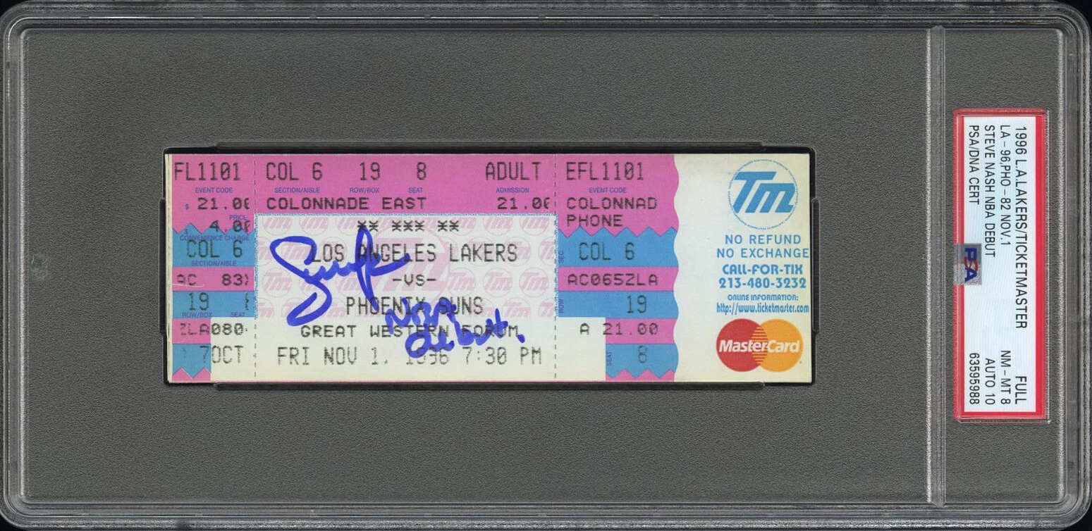 Steve Nash Signed NBA DEBUT Full Ticket Stub NM-MT 8/10 AUTO Psa 11/1/1996 Suns