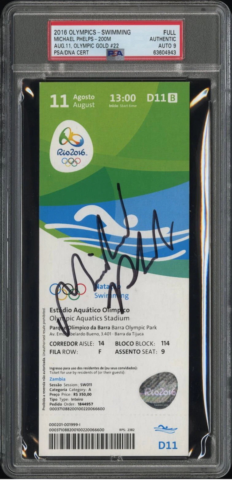 Michael Phelps Signed 2016 Rio Olympics Gold #22 Full Ticket Stub Psa/Dna 9 AUTO