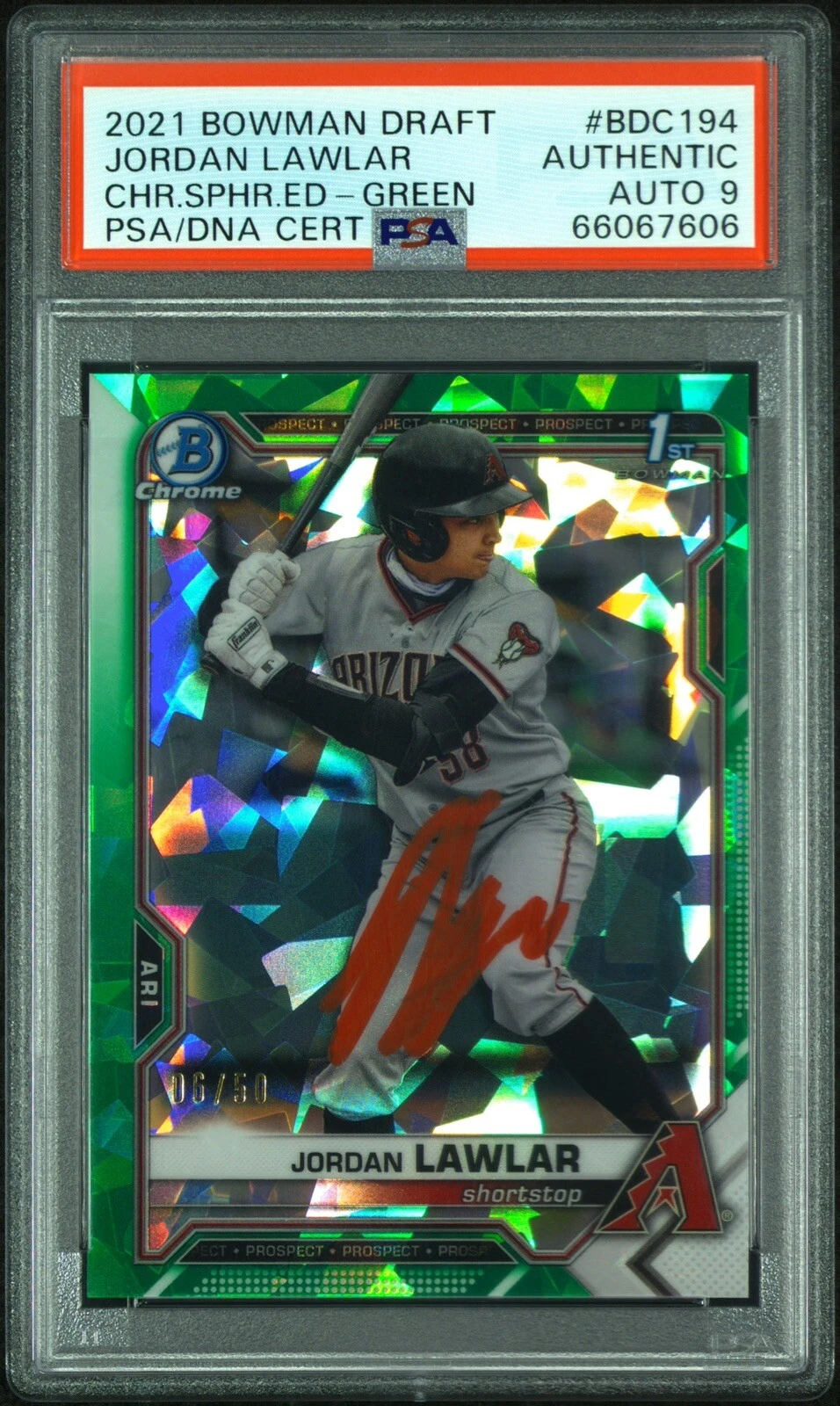 Jordan Lawlar Signed 2021 Bowman Draft Chrome Sapphire Green /50 Psa MINT 9 AUTO