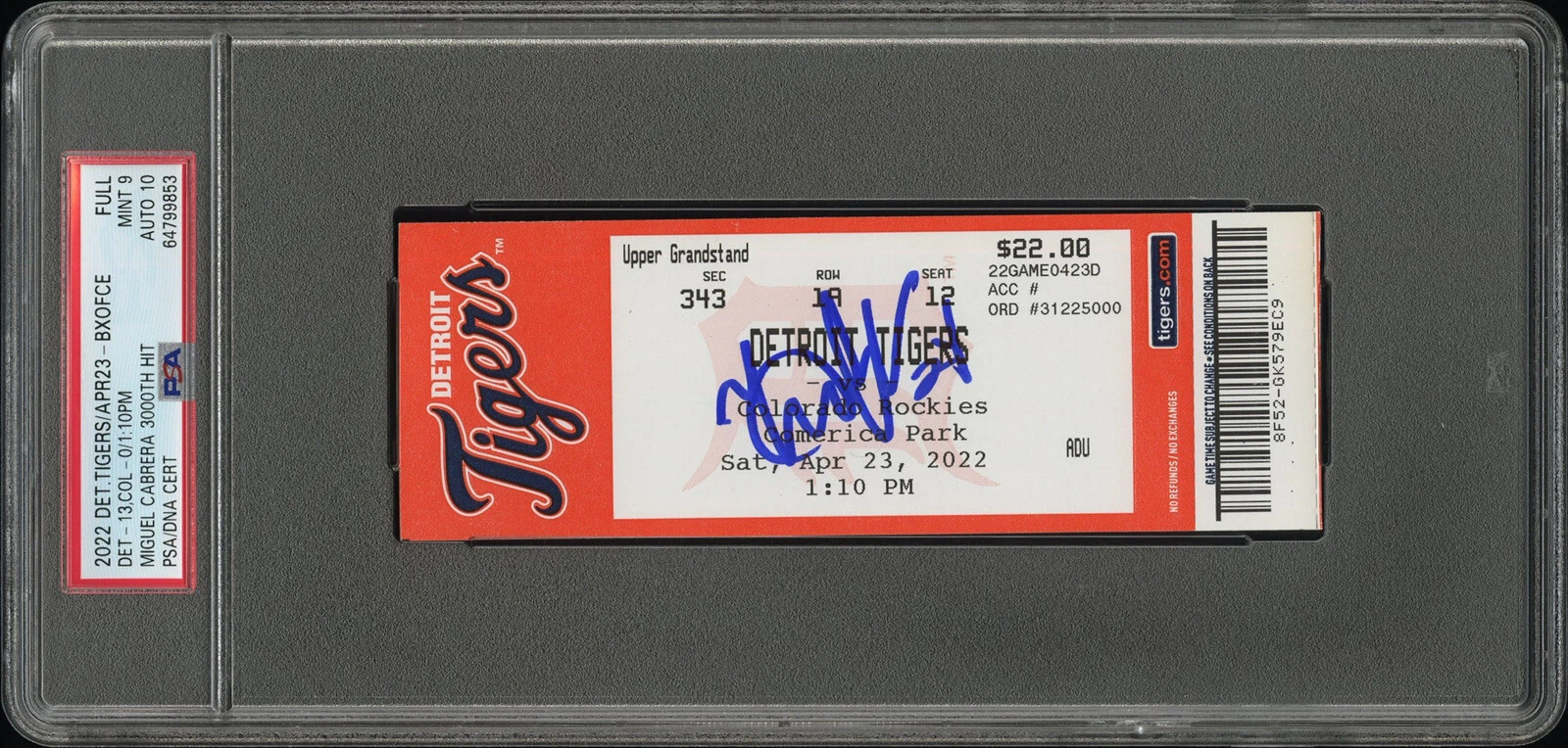 Miguel Cabrera Signed 3,000 Hit Full Ticket Stub Psa MINT 9/GEM MT 10 4/23/2022