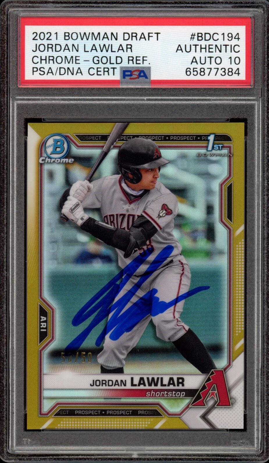 2021 Bowman Chrome Draft Jordan Lawlar Gold Refractor 50/50 Psa GEM MINT 10 AUTO