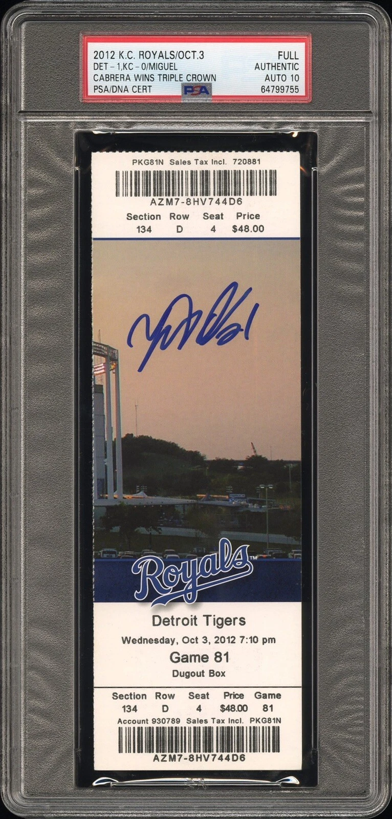 Miguel Cabrera Signed 2012 Triple Crown Full Ticket Stub Psa GEM MT 10 AUTO