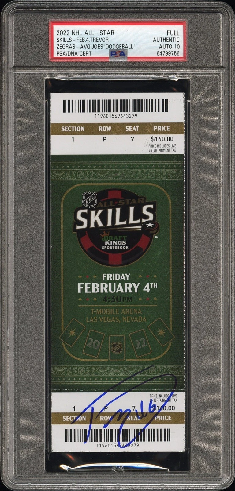 Trevor Zegras Signed 2022 NHL All Star Skills Ticket Stub Psa GEM MT 10 AUTO