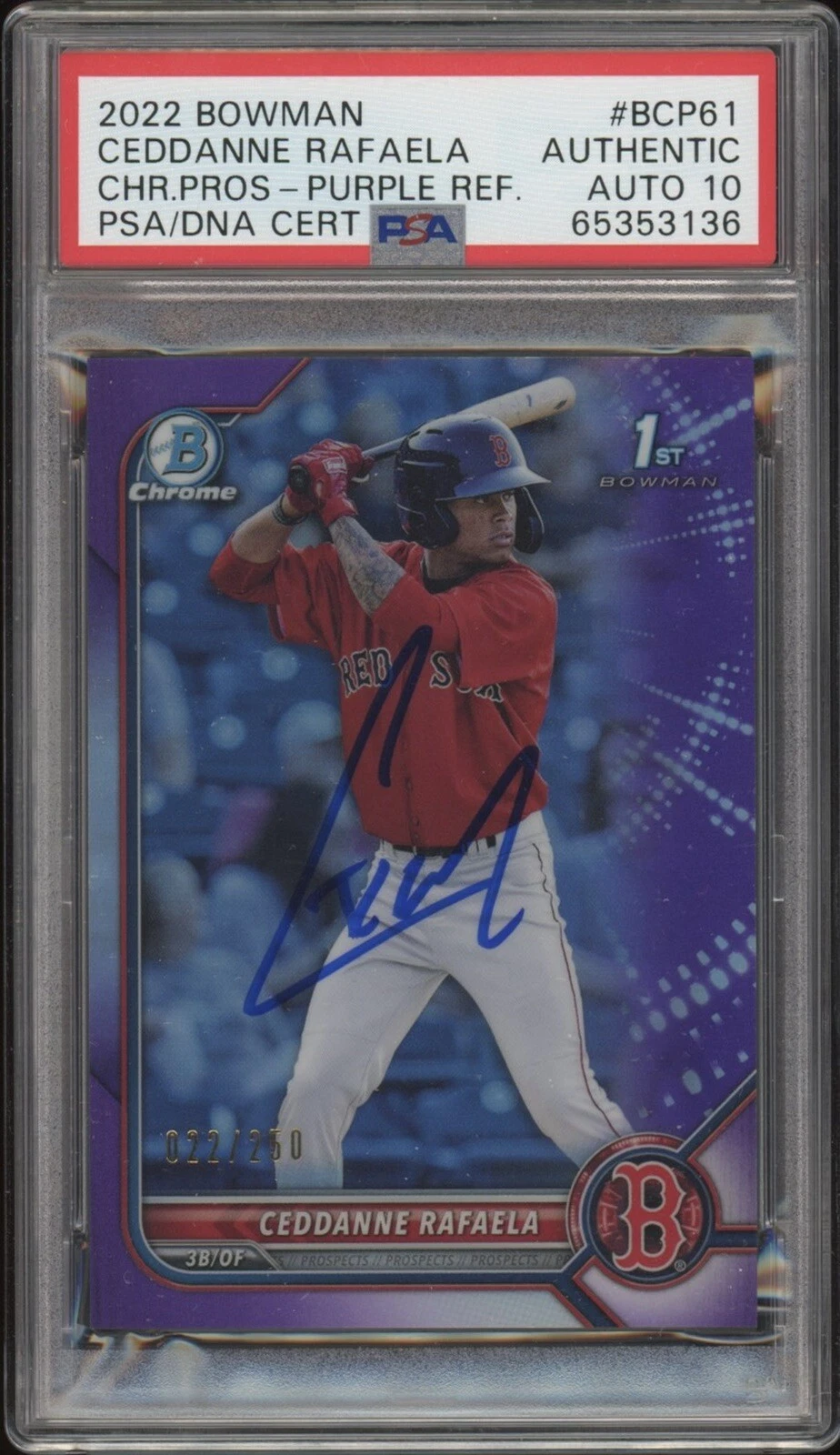Ceddanne Rafaela Signed 2022 Bowman Chrome Purple Refractor /250 Psa GEM 10 AUTO