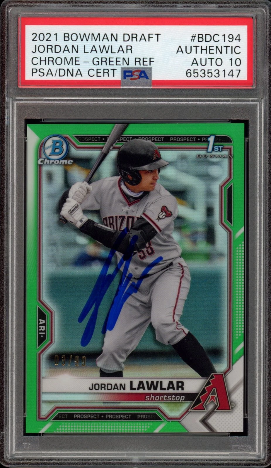 Jordan Lawlar Signed 2021 Bowman Draft Chrome Green Refractor /99 Psa GM 10 AUTO