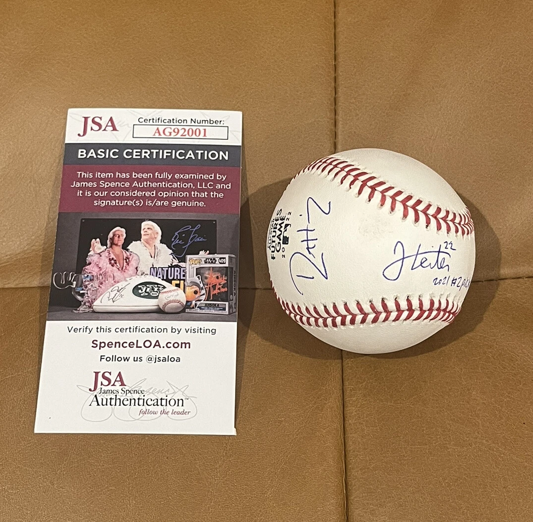 Jack Leiter + Dustin Harris Signed 2022 Futures Game Baseball + JSA Coa Rangers