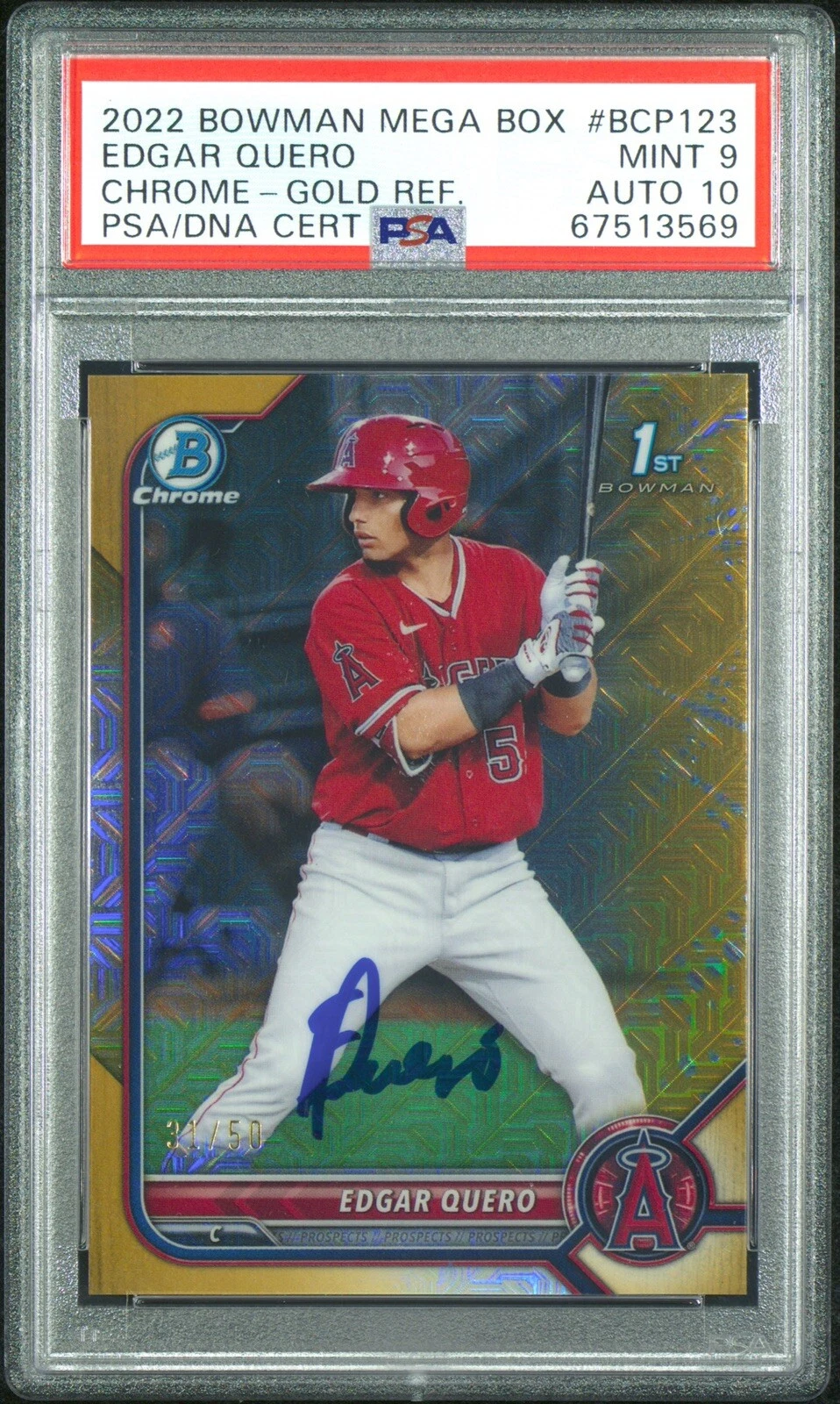 Edgar Quero Signed 2022 Bowman Mega Box Gold Refractor /50 Psa 9/GEM MT 10 AUTO