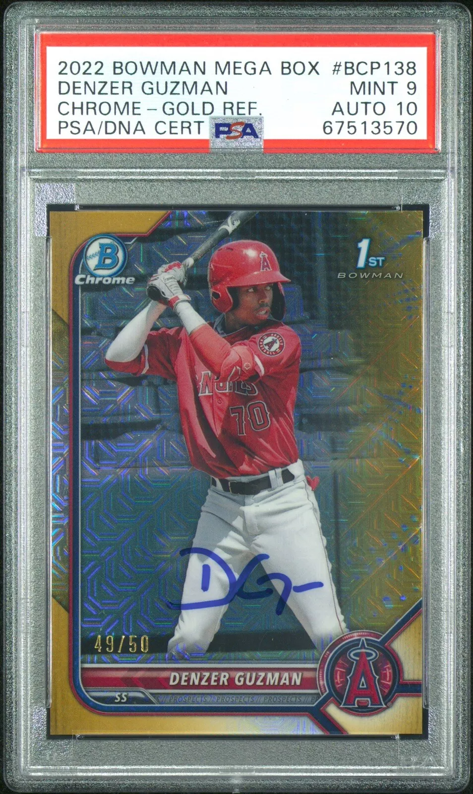 Denzer Guzman Signed 2022 Bowman Mega Box Gold Refractor /50 Psa 9/GEM 10 AUTO