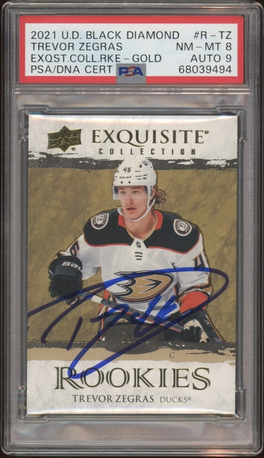 2021 UD Black Diamond Trevor Zegras Exquisite Rookie Gold Auto /99 Psa 8/MINT 9