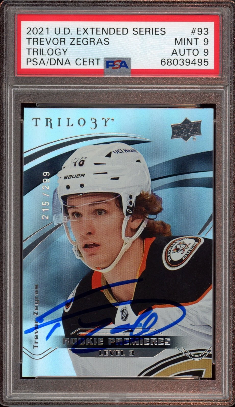 2021 UD Extended Series #93 Trevor Zegras Trilogy Rookie Auto /299 Psa MINT 9/9