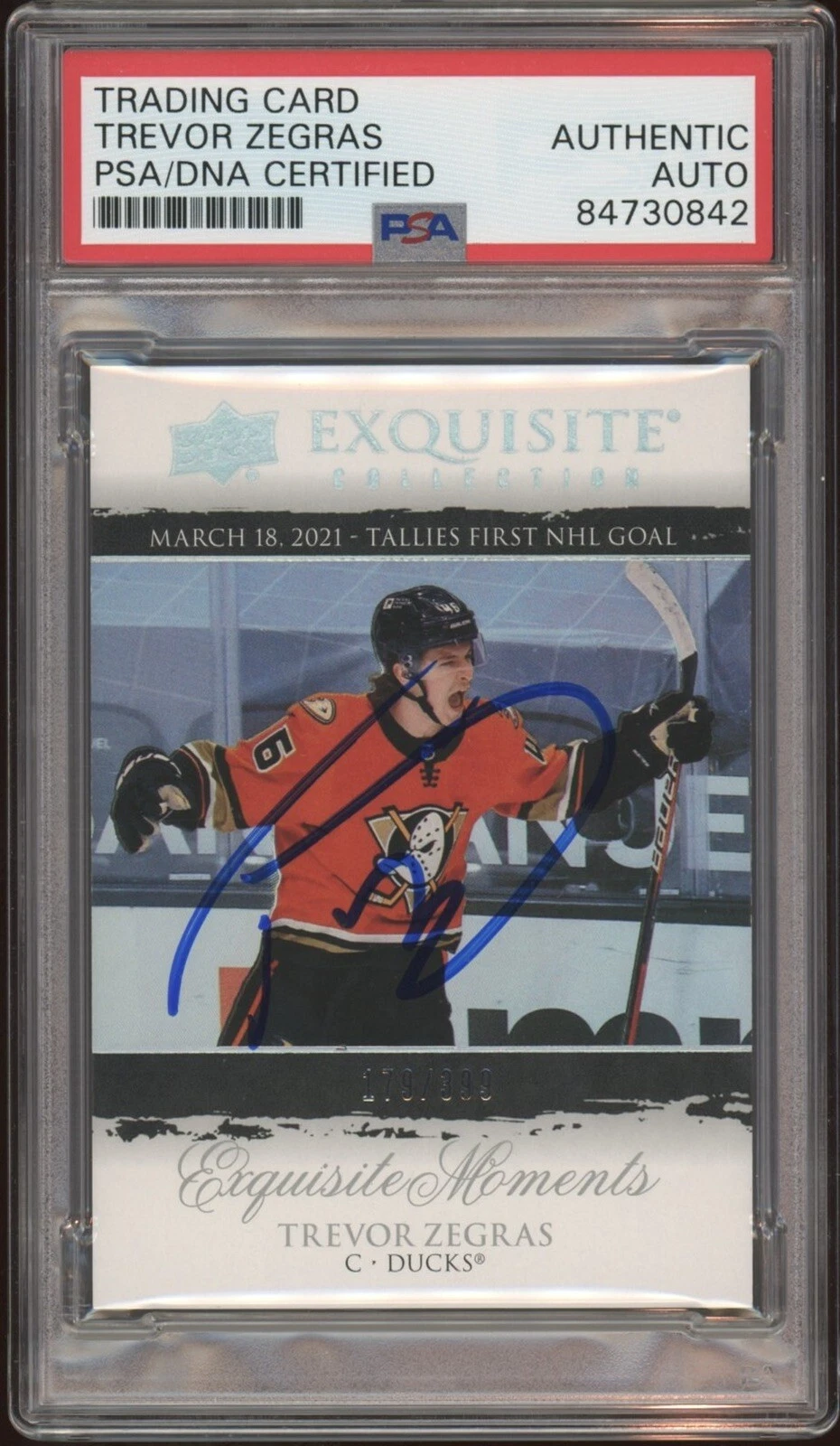 Trevor Zegras Signed 2021 UD Exquisite RC Artifacts Moments Auto /399 Psa Slab