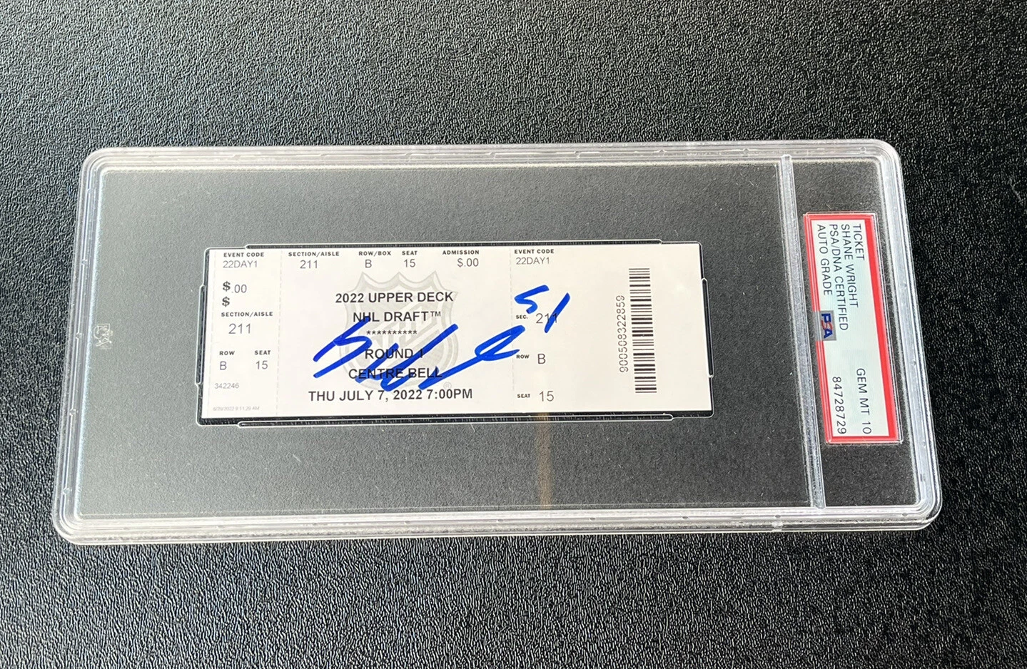 Shane Wright Signed 2022 NHL Draft Ticket Stub Psa GEM 10 AUTO 4th Pick Kraken