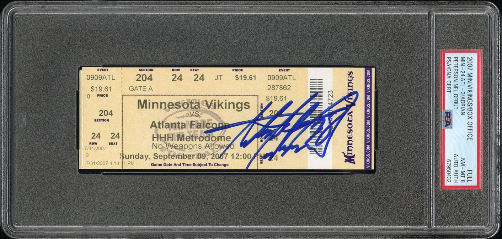 Adrian Peterson Signed NFL DEBUT Full Ticket Stub Psa NM-MT 8 9/7/2007 Vikings