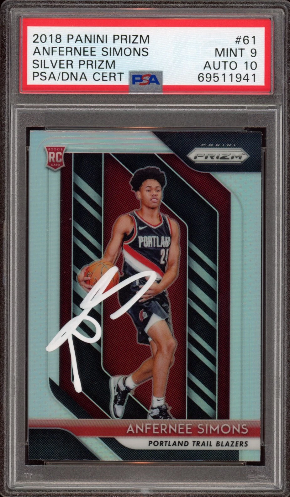 Anfernee Simons Signed 2018 Prizm Silver Rookie Card #61 Psa MINT 9/GEM 10 AUTO